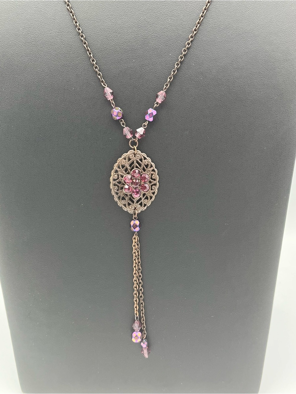 Miriam Haskell Purple Beaded Filigree Drop Necklace - Picture 3 of 11